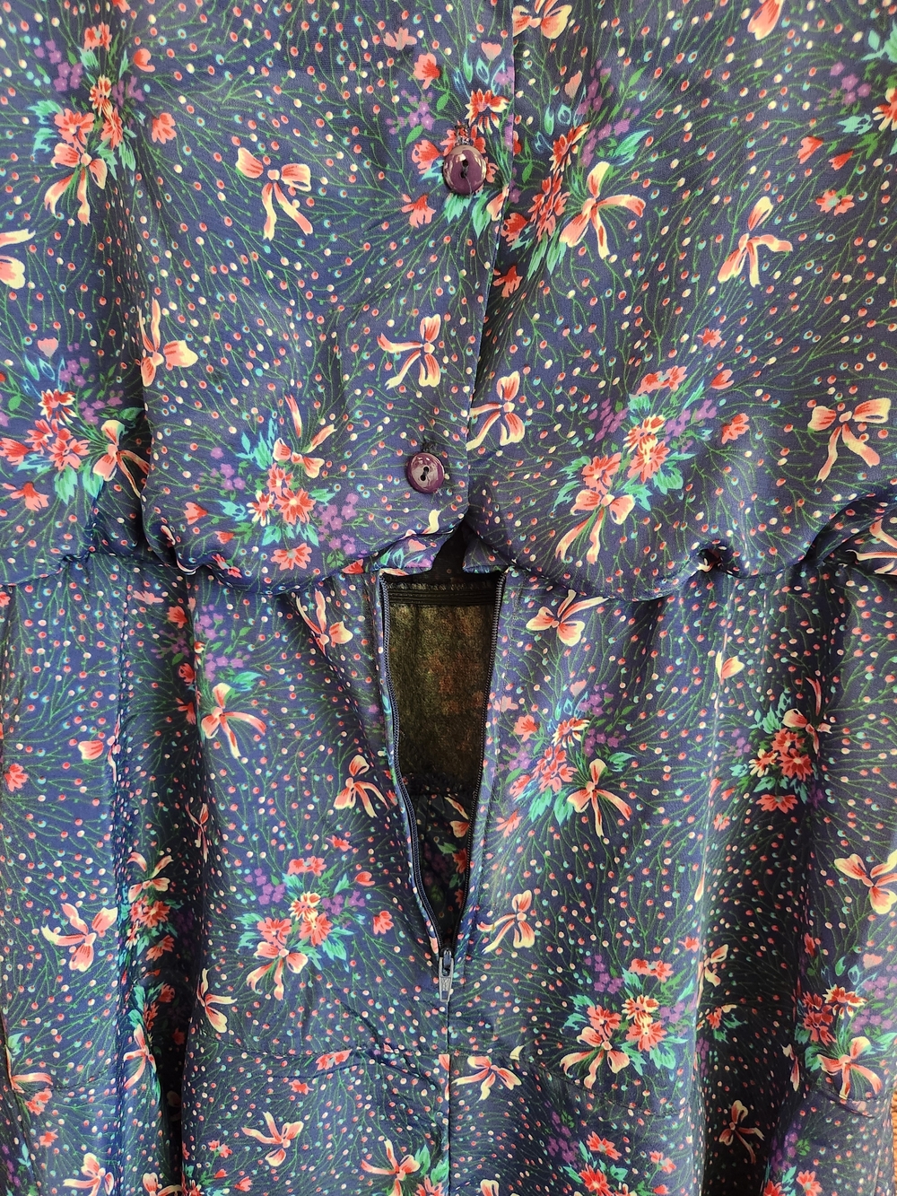 Vintage Navy Floral Dress with Lace Bib Collar - Picture 5 of 12